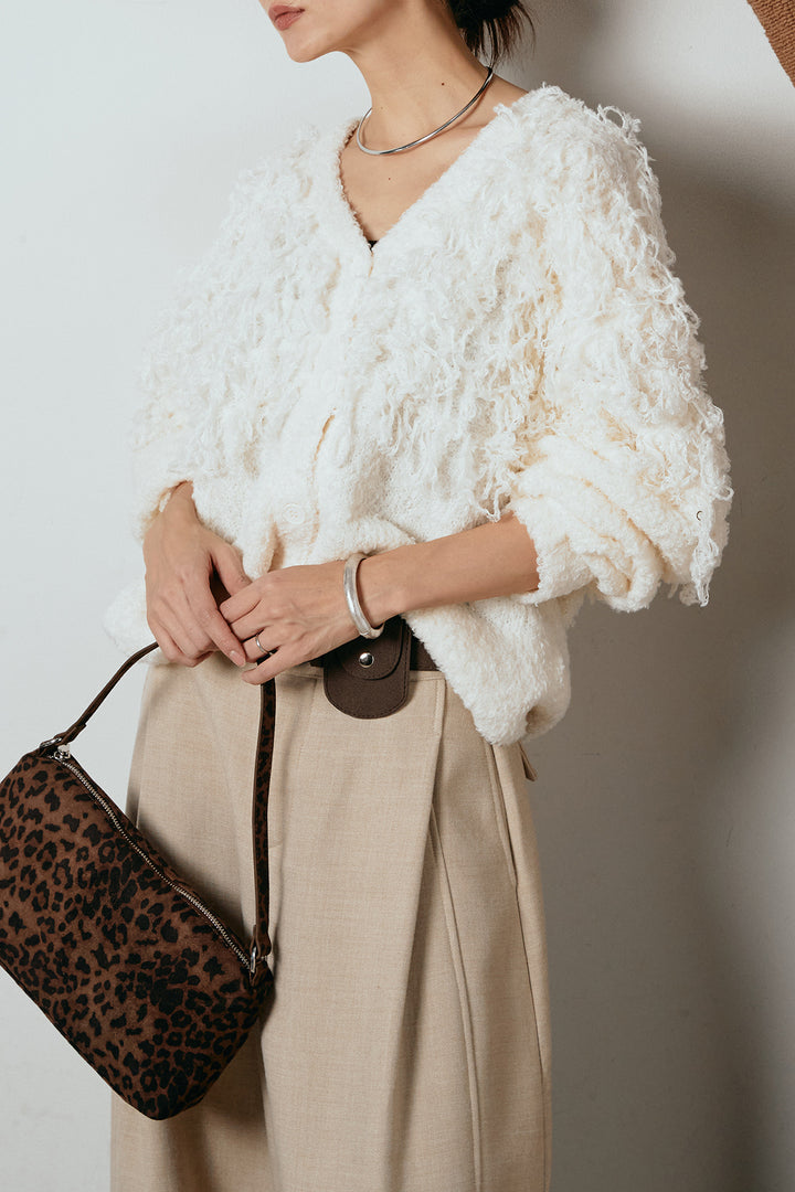 [SET]ループ編みVネックニットカーディガン+ポーチベルト付きカーブパンツ(2set)