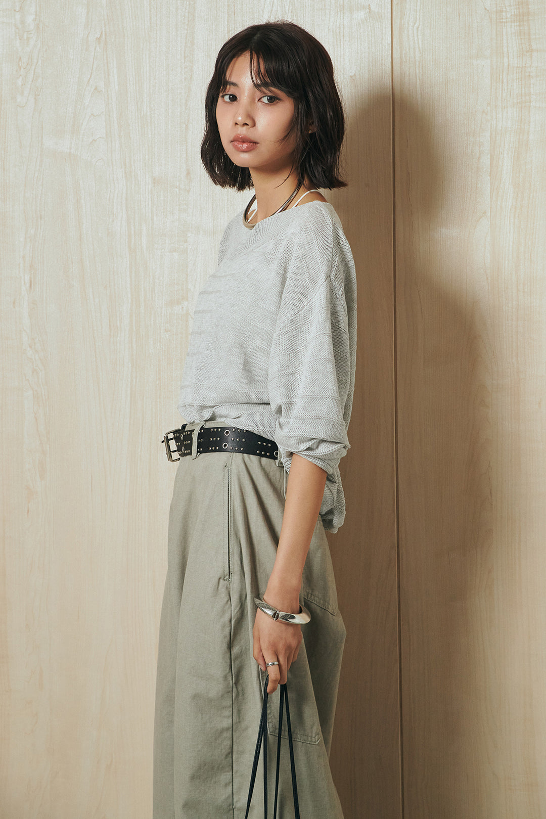 [SET]麻混リラックスニットトップス+ベルト付きカラーデニムパンツ(2set)