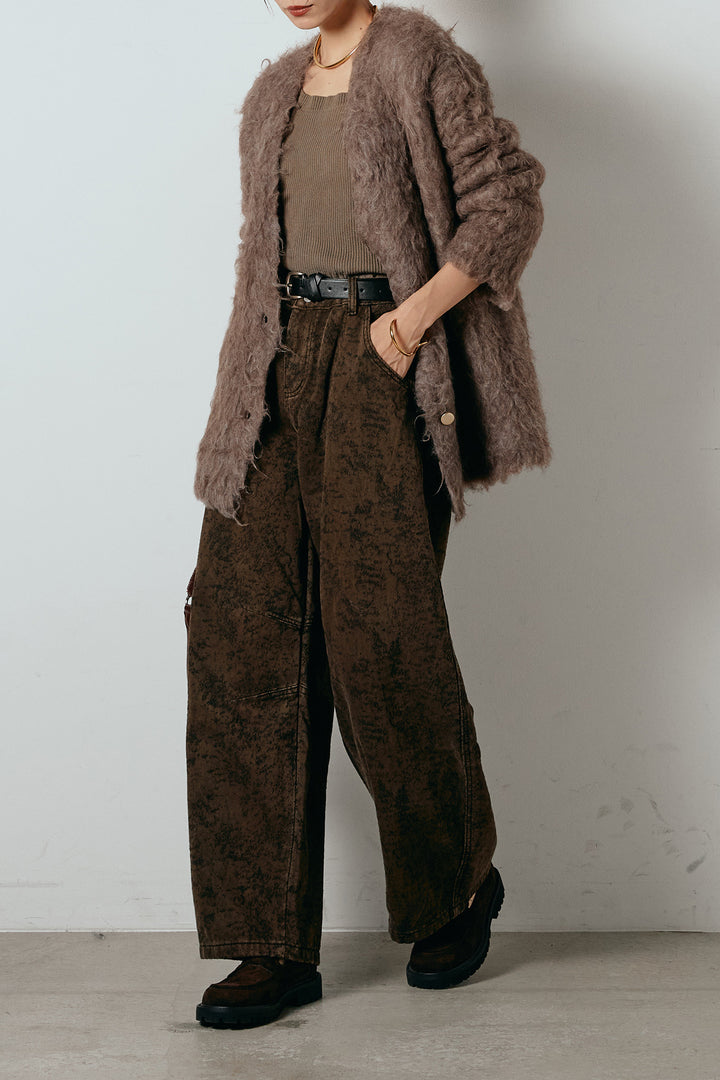 [SET]ウェーブシャギーニットジャケット+ベルト付きニュアンス柄カーブワイドパンツ(2set)