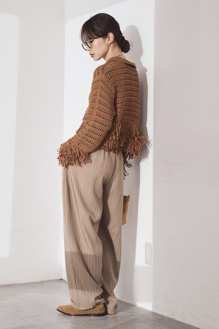 [SET]メッシュフリンジカーディガン+ヘリンボーンストライプツータックパンツ(2set)