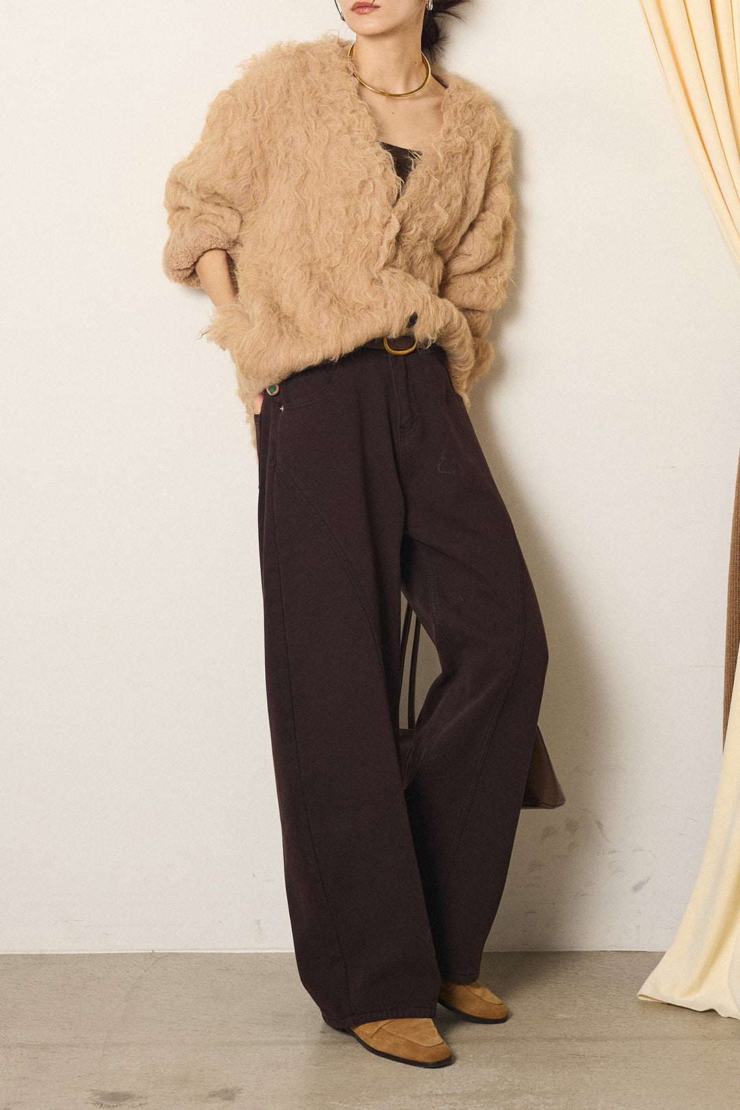 [SET]起毛シャギーニットカーディガン+ベルト付きカジュアルカーブワイドパンツ(2set)
