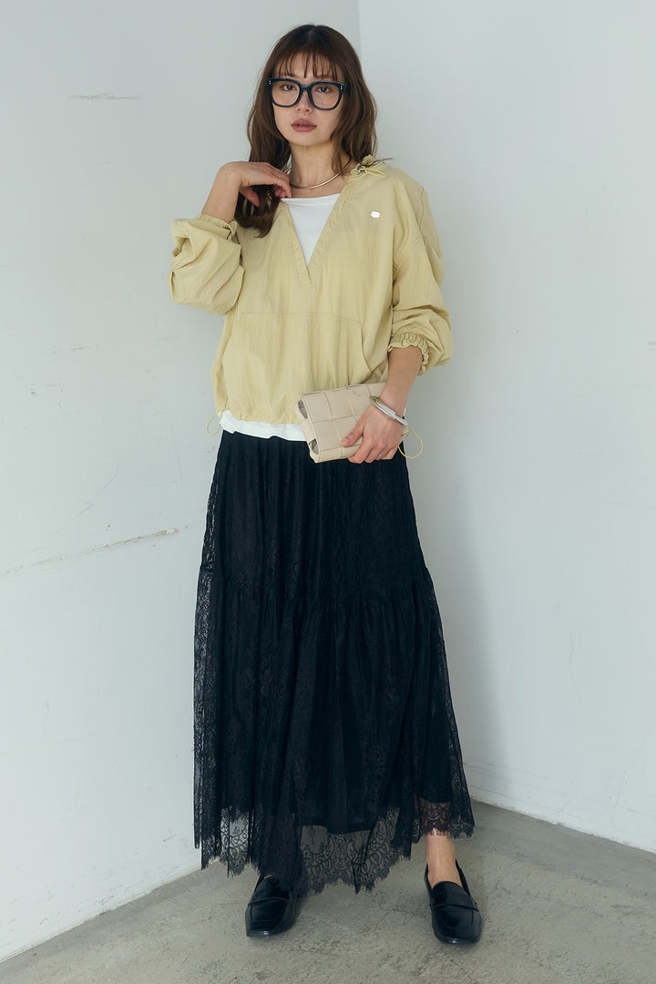 [SET]レイヤードデザインフーディートップス+ひげレース切替ロング丈スカート(2set)