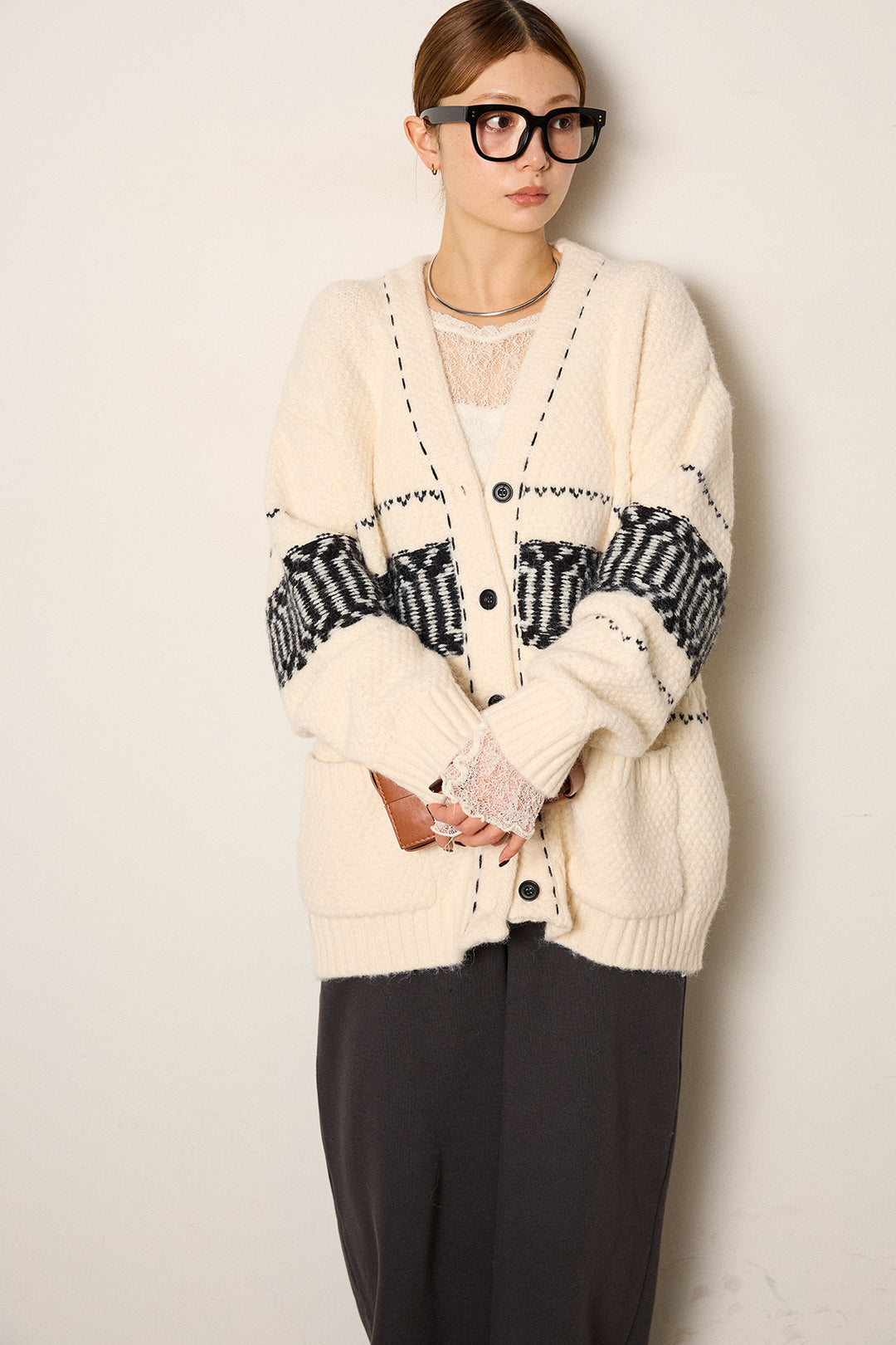 [SET]ライン柄ステッチニットカーディガン+2WAY袖コード刺繍クルーネックプルオーバー(2set)