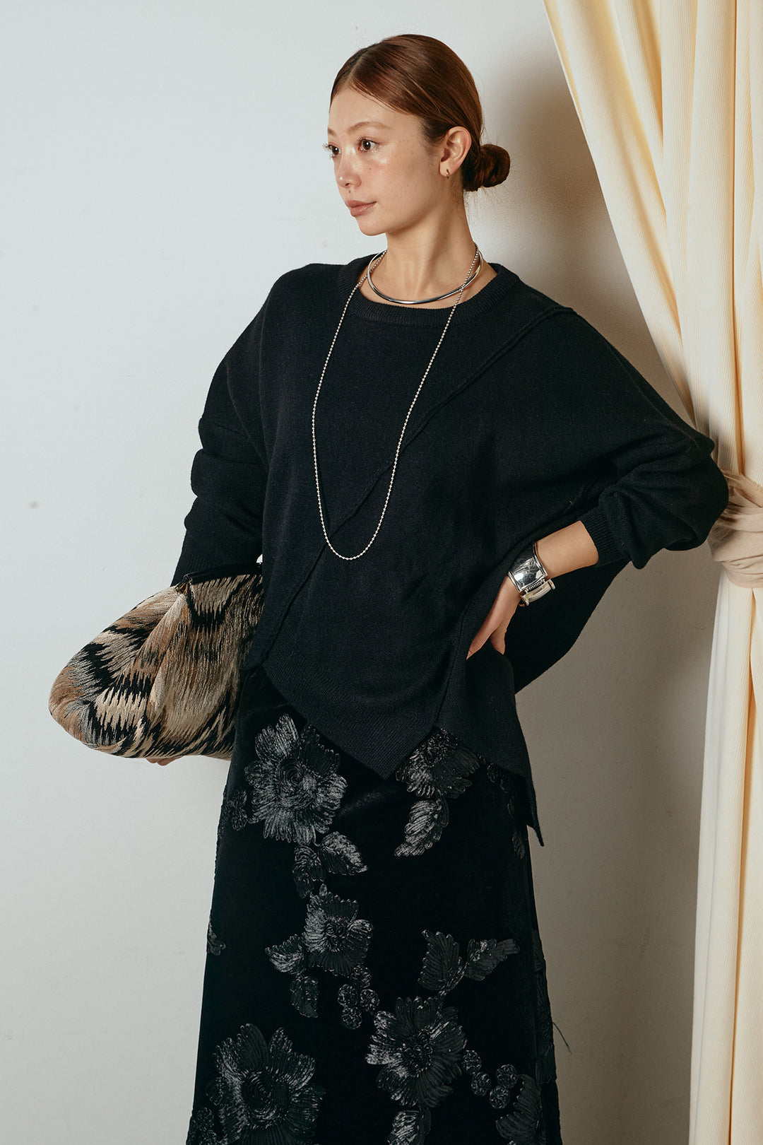 【着回しセット】[SET]アシンメトリーデザインニットトップス+センターラインニットパンツ+フラワー刺繍ワイドスカート(3set)