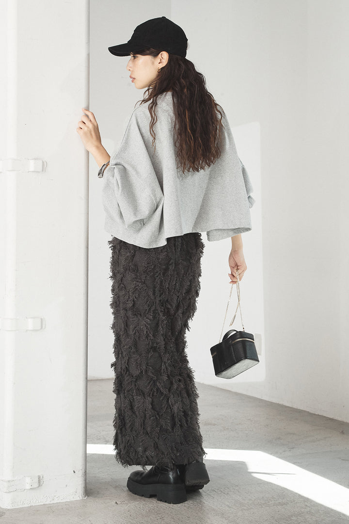 [SET]ビッグロゴHRU袖ボリュームトップス+カットフリンジニットタイトスカート(2set)