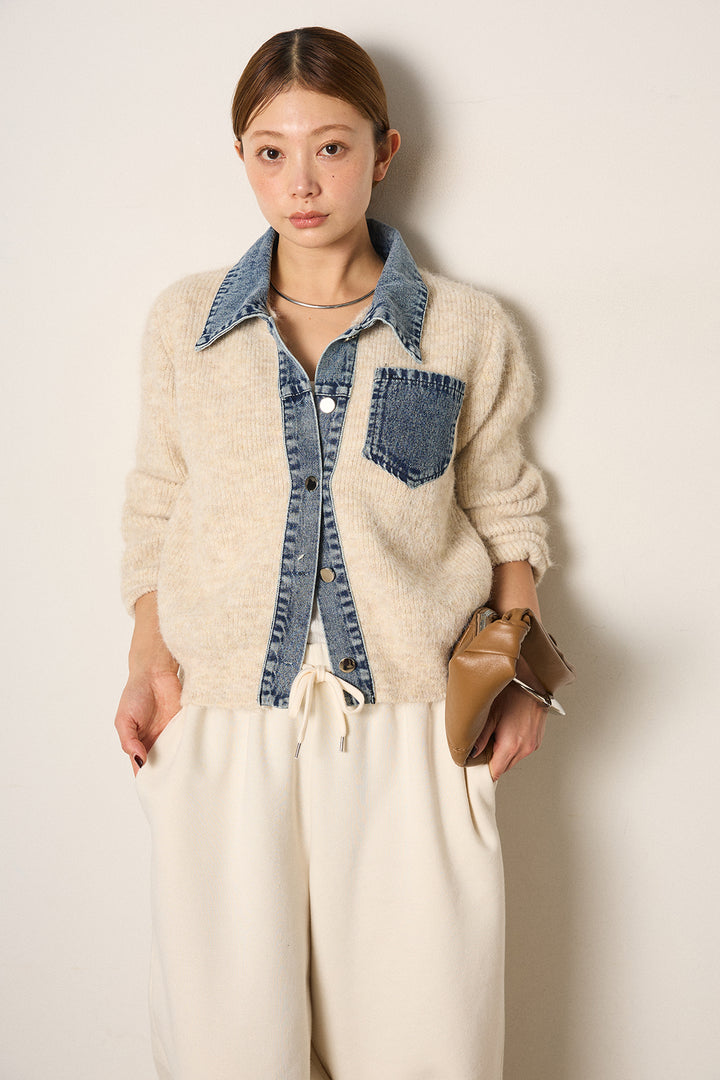 [SET]襟付きデニム切替ニットカーディガン+裏起毛スウェットワイドパンツ(2set)
