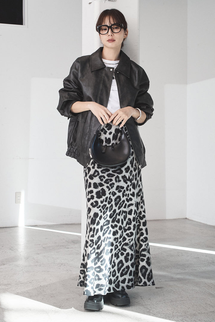 [SET]レザーライクオーバーサイズブルゾン+レオパードサテンナロースカート(2set)