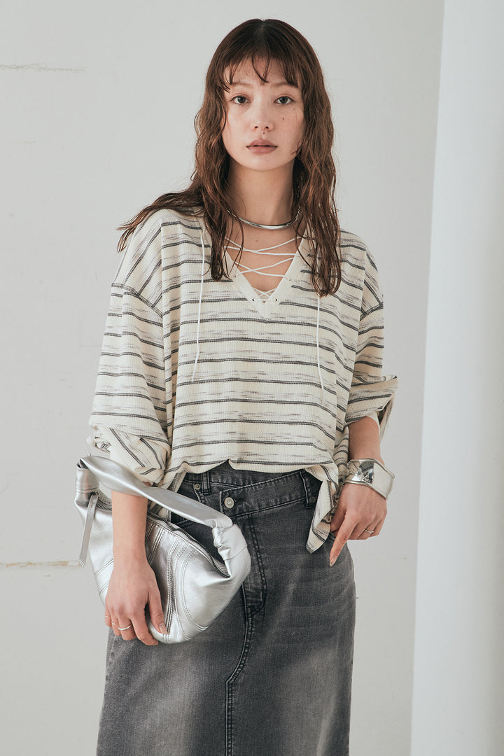 [SET]レースアップワッフルボーダートップス+ウエストクロスデニムタイトスカート(2set)