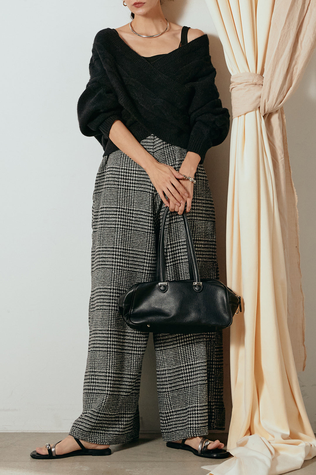 [SET]ケーブルカシュクールニットトップス+前後2wayグレンチェック柄スカーチョサロペット(2set)