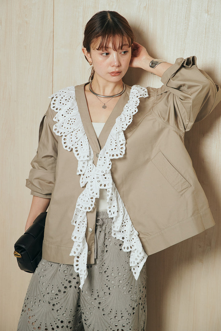 [SET]レースフリルドッキングアウター+レース刺繍リラックスパンツ(2set)