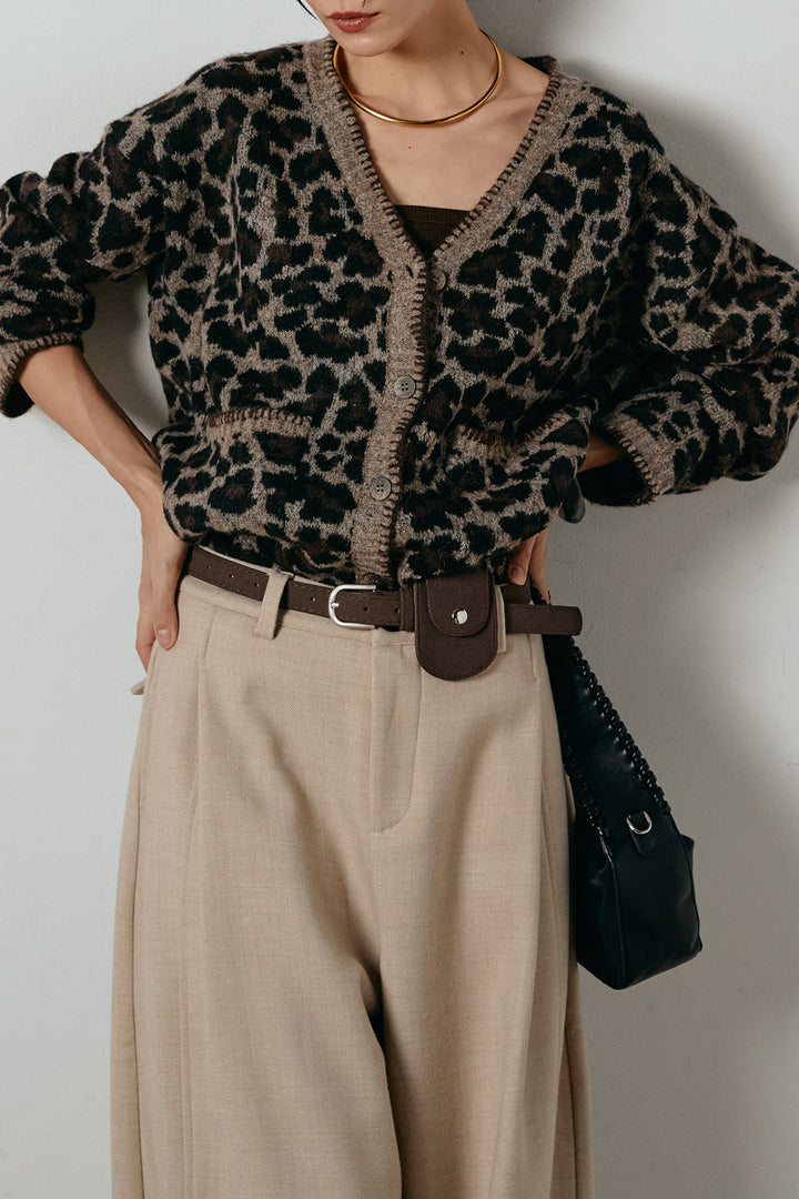[SET]ステッチデザインレオパードニットカーディガン+ポーチベルト付きカーブパンツ(2set)