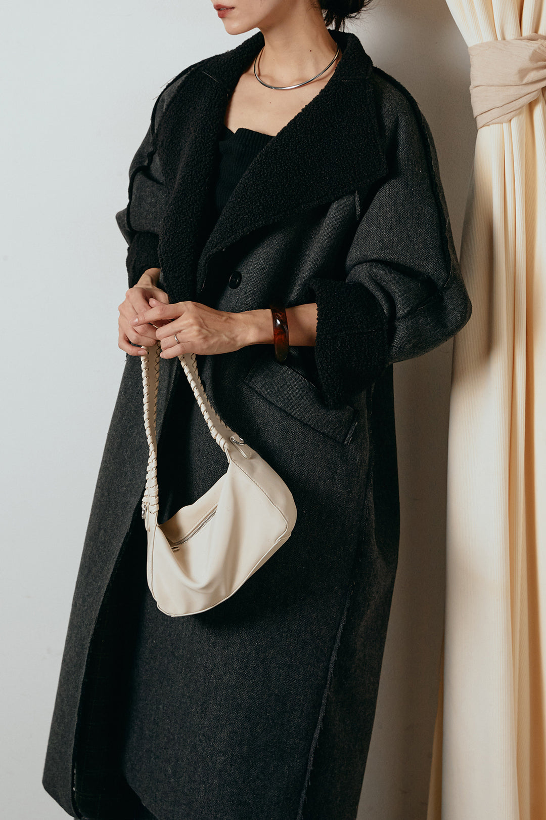 [SET]裏地ボアハイネックロングアウター+ウールライクチェックタックパンツ(2set)