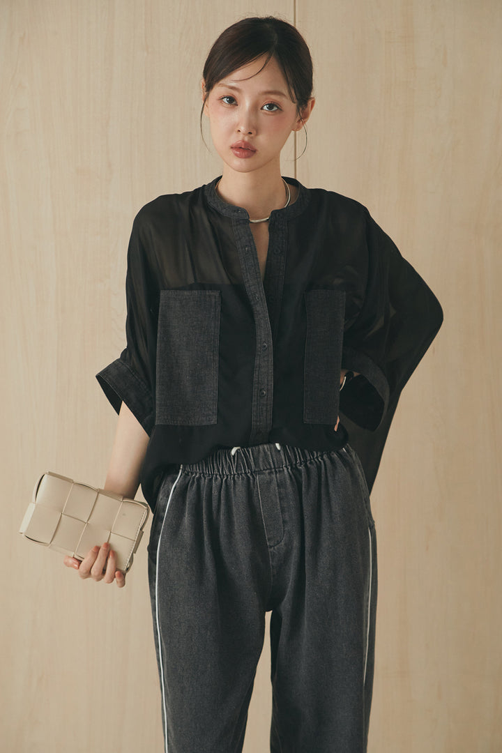 [SET]デニムライクビッグツーポケシアーシャツ+ドロストサイドラインデニムパンツ(2set)