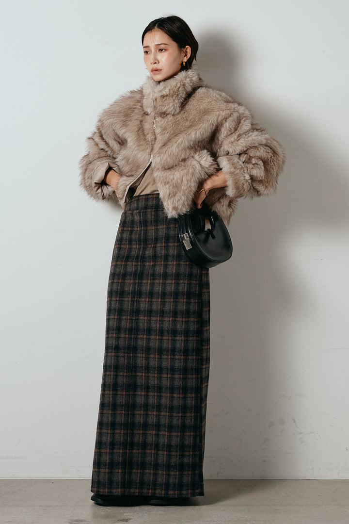 [SET]エコファーショート丈ブルゾン+シャギーチェックストレートスカート(2set)