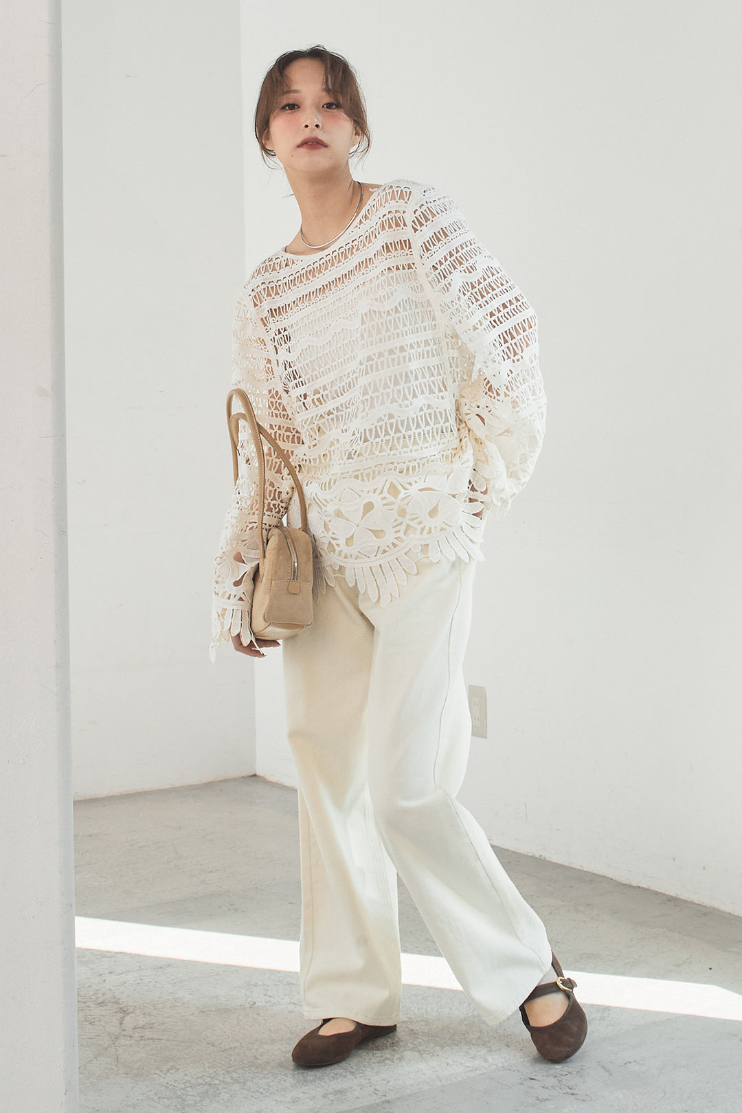 [SET]裾デザインメッシュプルオーバー+スプリングカラーデニムパンツ(2set)