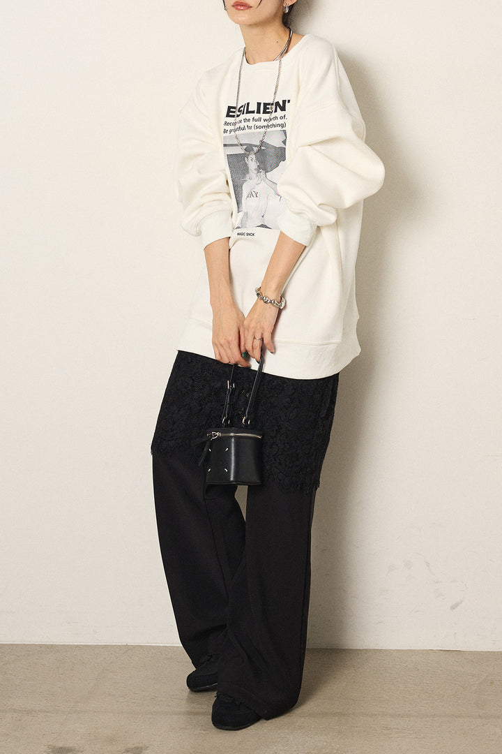 [SET]モノトーンプリントスウェット+レース刺繍レイヤードフレアパンツ(2set)
