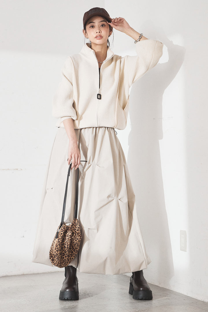 [SET]ハイネックパイピングデザインブルゾン+ランダムタックバルーンスカート(2set)