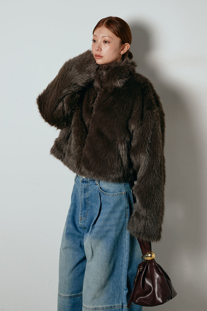 [SET]エコファーショート丈ブルゾン+加工デニムタックコクーンワイドパンツ(2set)