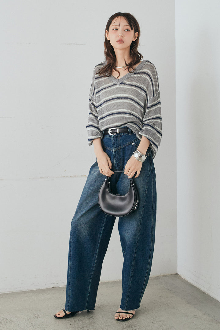 [SET]綿タッチVネックボーダートップス+デニムヨークパンツ(2set)