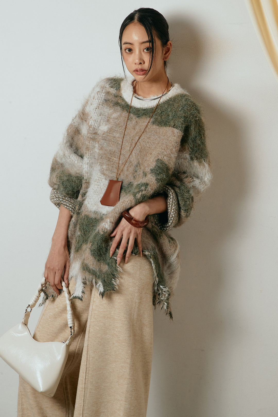 [SET]起毛裾デザインニュアンス柄ニットトップス+センターラインニットパンツ(2set)