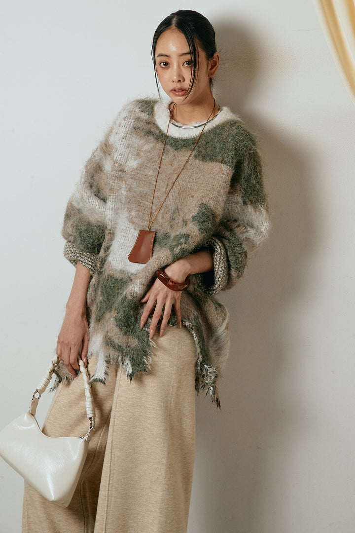 [SET]起毛裾デザインニュアンス柄ニットトップス+センターラインニットパンツ(2set)