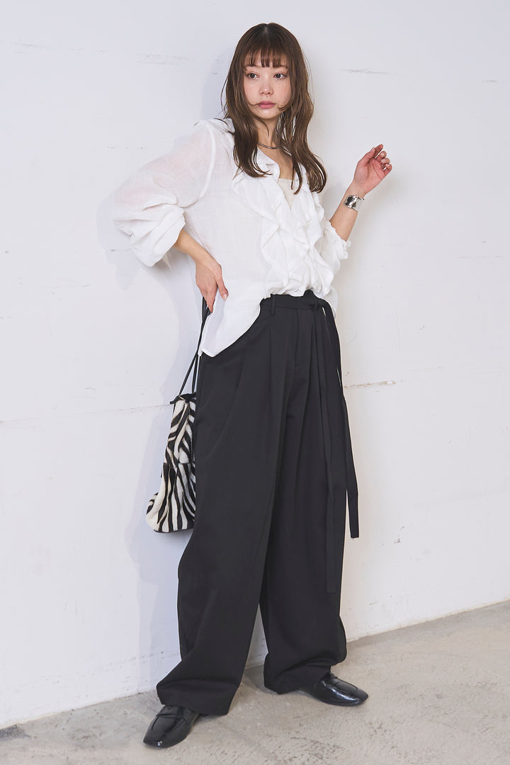 [SET]フリルボタンブラウス+紐ベルト付きカーブワイドパンツ(2set)