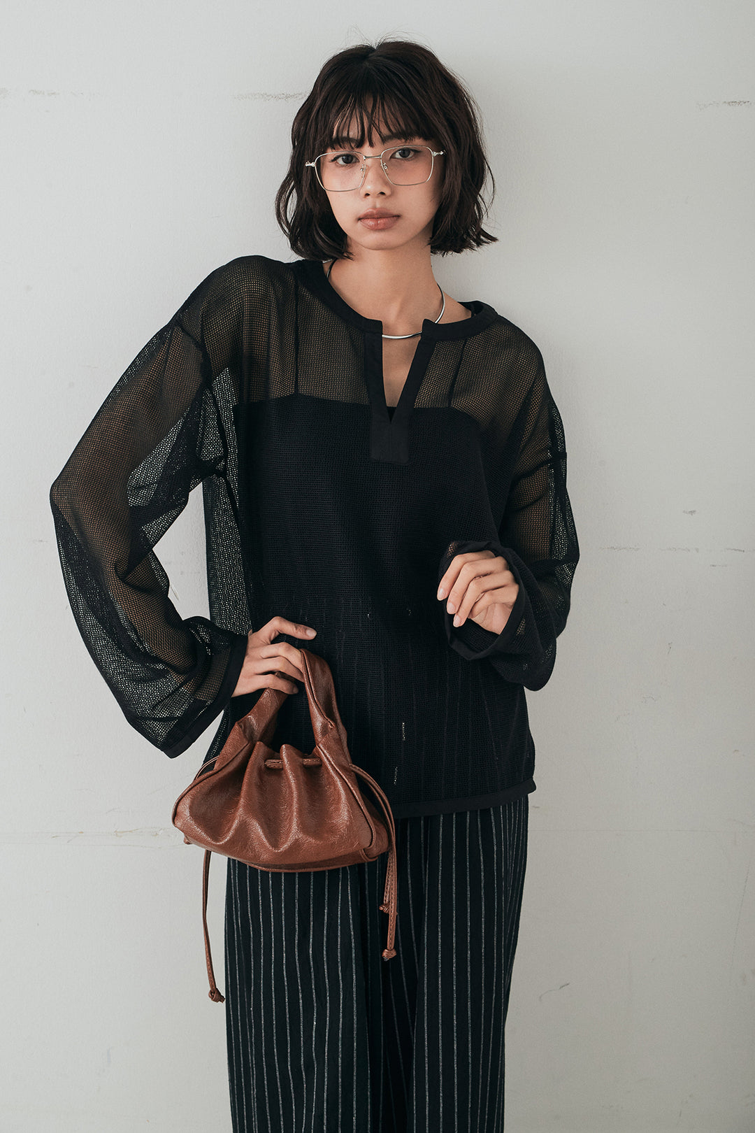 [SET]メッシュカットソースキッパープルオーバー+リネンライクストライプタックイージーパンツ(2set)