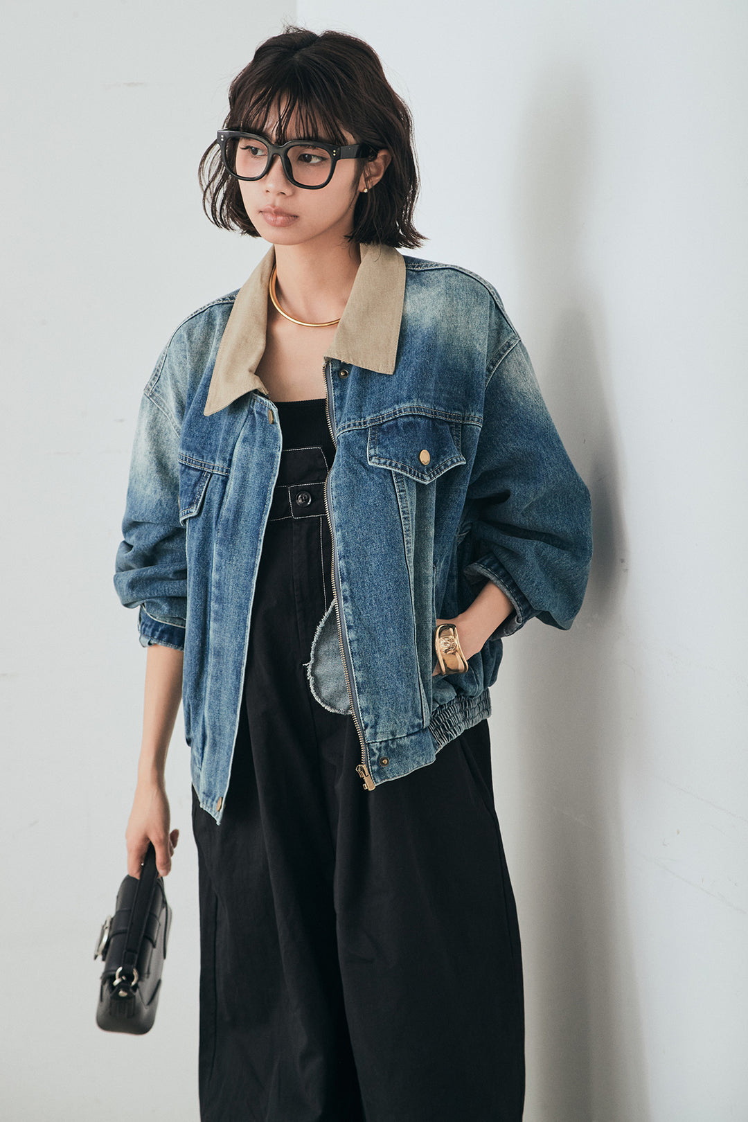 [SET]襟切り替えジップデニムジャケット+綿ツイルアシメサロペット(2set)