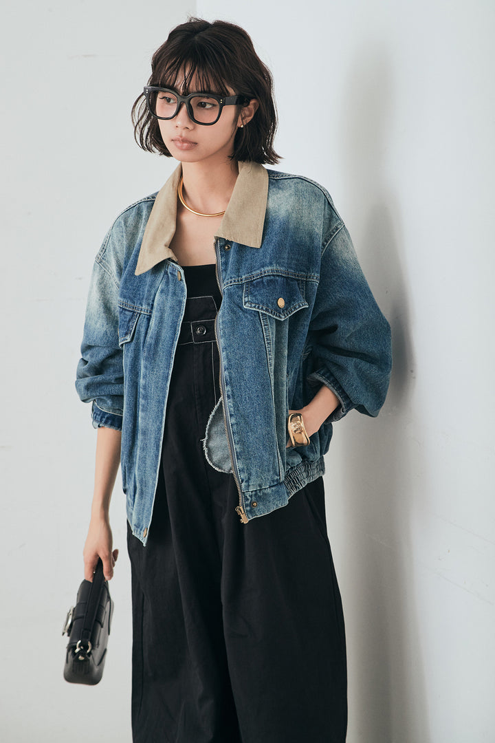 [SET]襟切り替えジップデニムジャケット+綿ツイルアシメサロペット(2set)