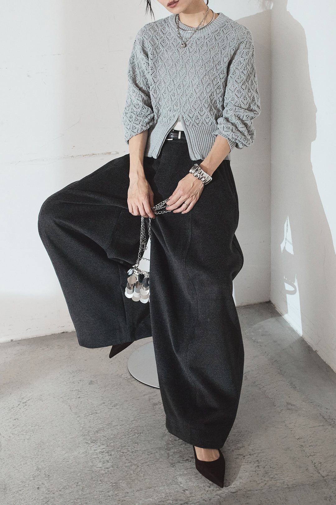 [SET]透かし編みニットジップスリットプルオーバー+ウールタッチカーブワイドパンツ(2set)