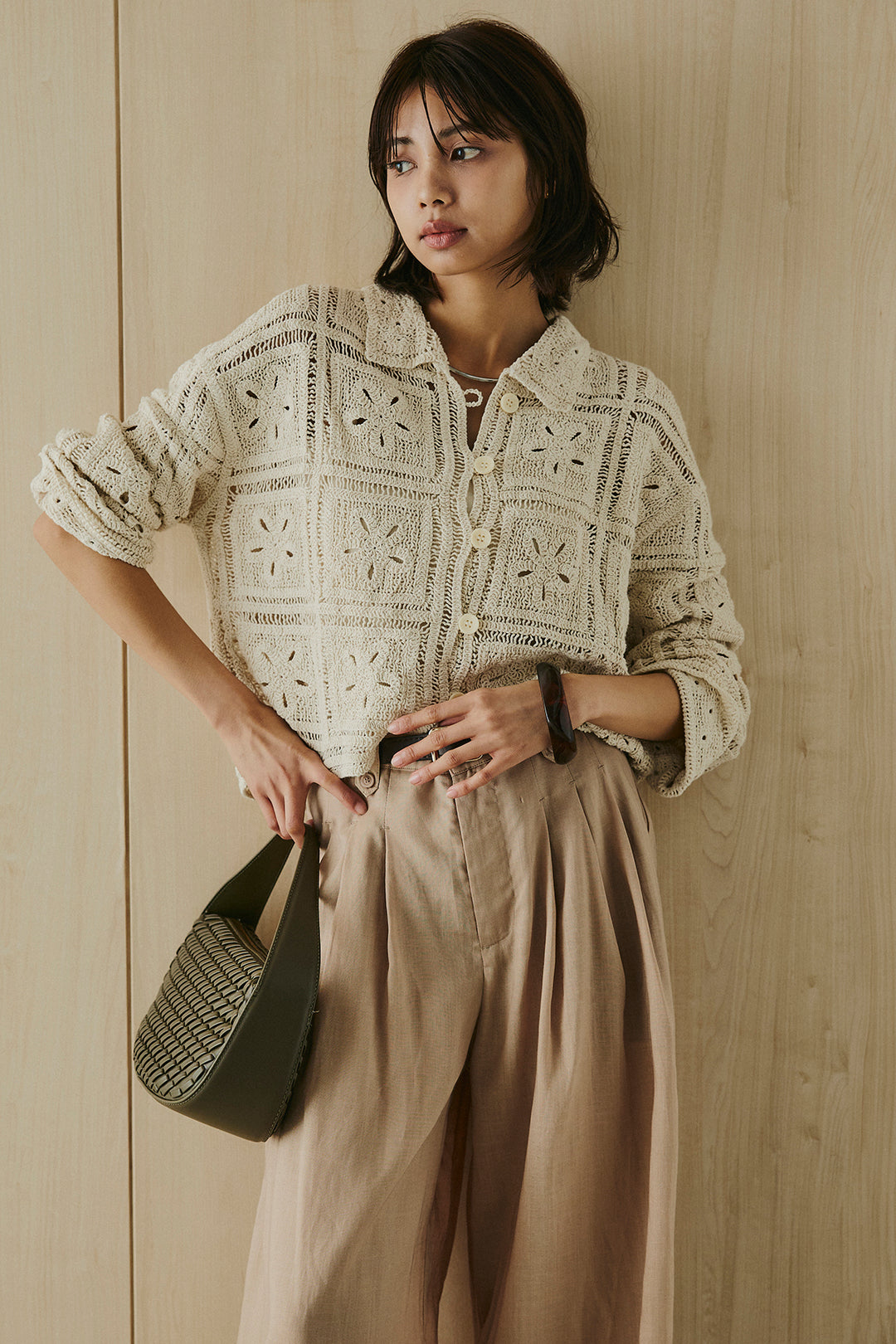 [SET]鍵編みフラワーレースカーディガン+タック入りワイドパンツ(2set)