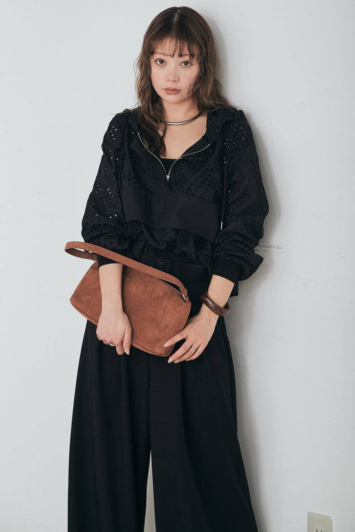 [SET]レースハーフジップアップフーディー+ベルト付きツータックワイドパンツ(2set)