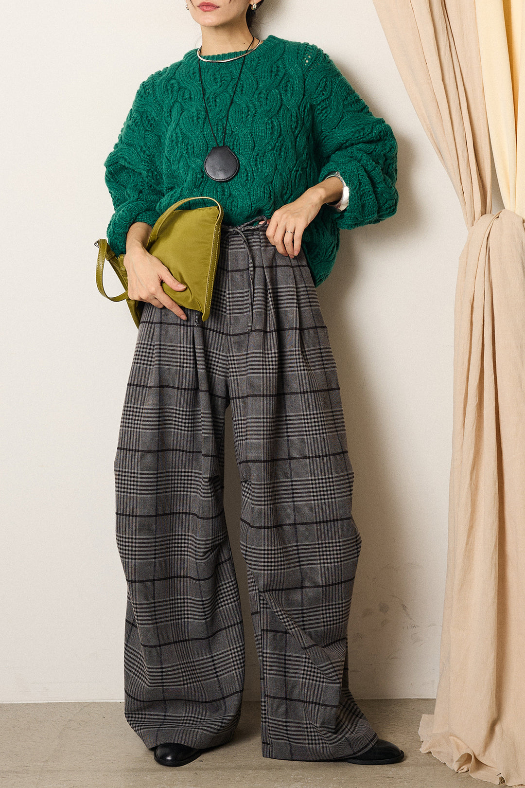 [SET]ケーブルリラックスショートニット+グレンチェックルーズタックパンツ(2set)