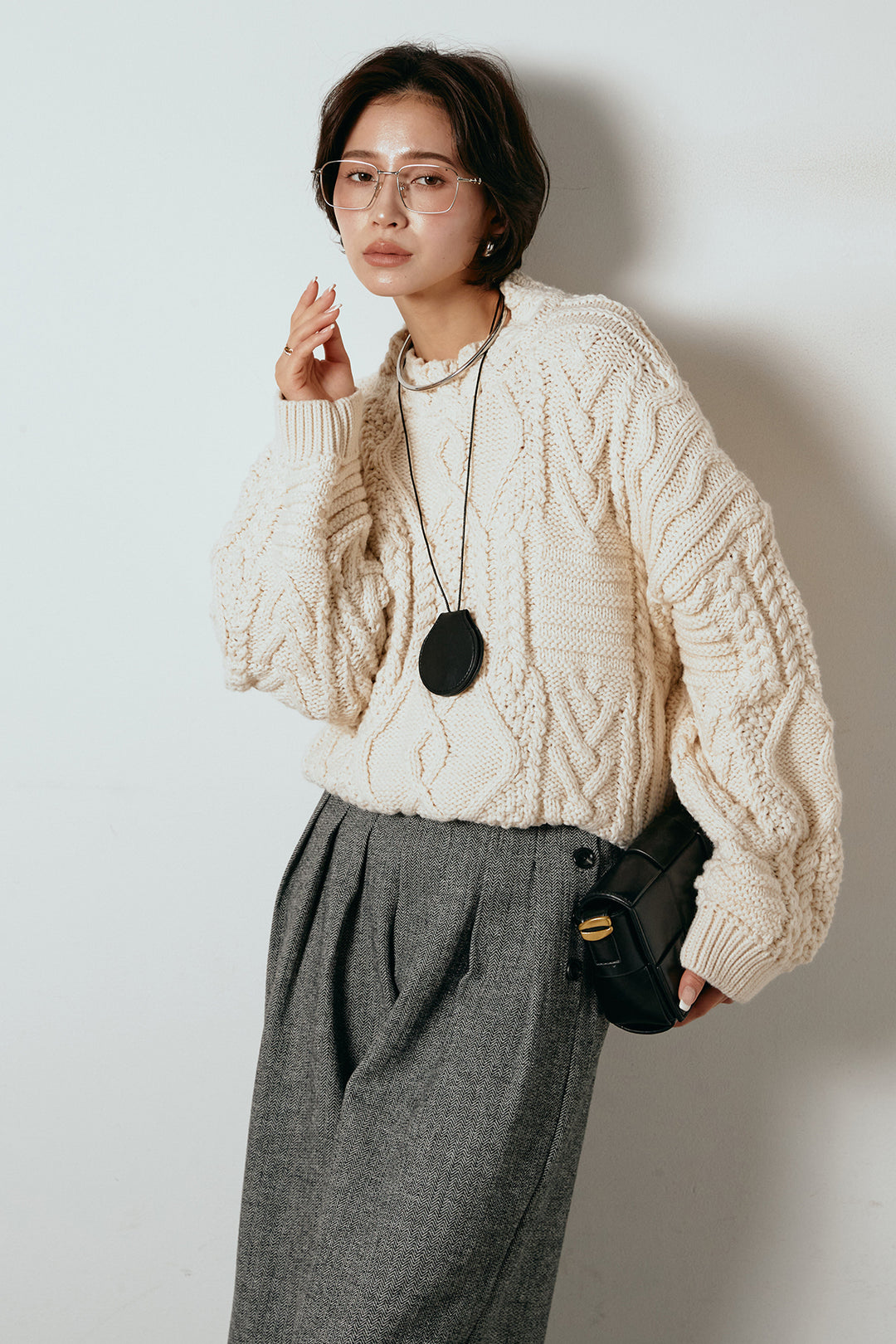 [SET]アラン柄ミックスケーブルニット+サイドボタンツイードタックパンツ(2set)