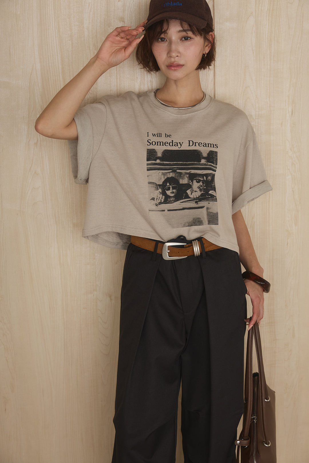 [SET]グラフィックサムデイワイドクロップドT+ニーサイドタックウエストドロストパンツ(2set)