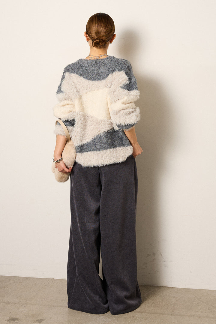 [SET]シャギーウェーブ柄クルーネックニットトップス+ベルトループコーデュロイワイドパンツ(2set)