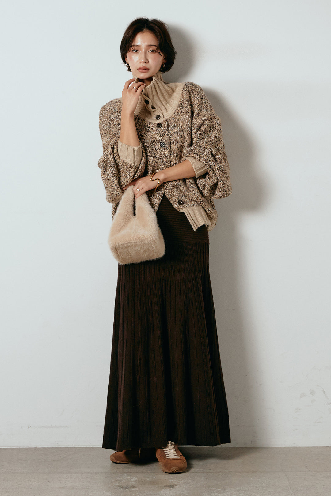 [SET]ハイネックミックスニットカーディガン+編み地切り替えフレアニットスカート(2set)