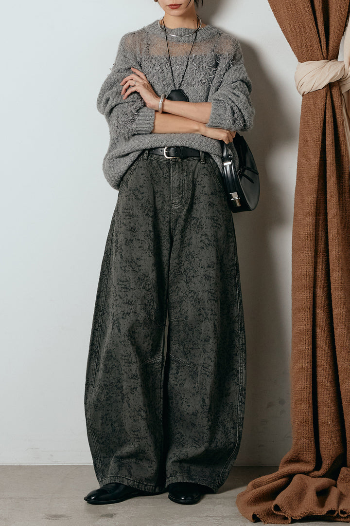 [SET]パターンランダム編みニットトップス+ベルト付きニュアンス柄カーブワイドパンツ(2set)
