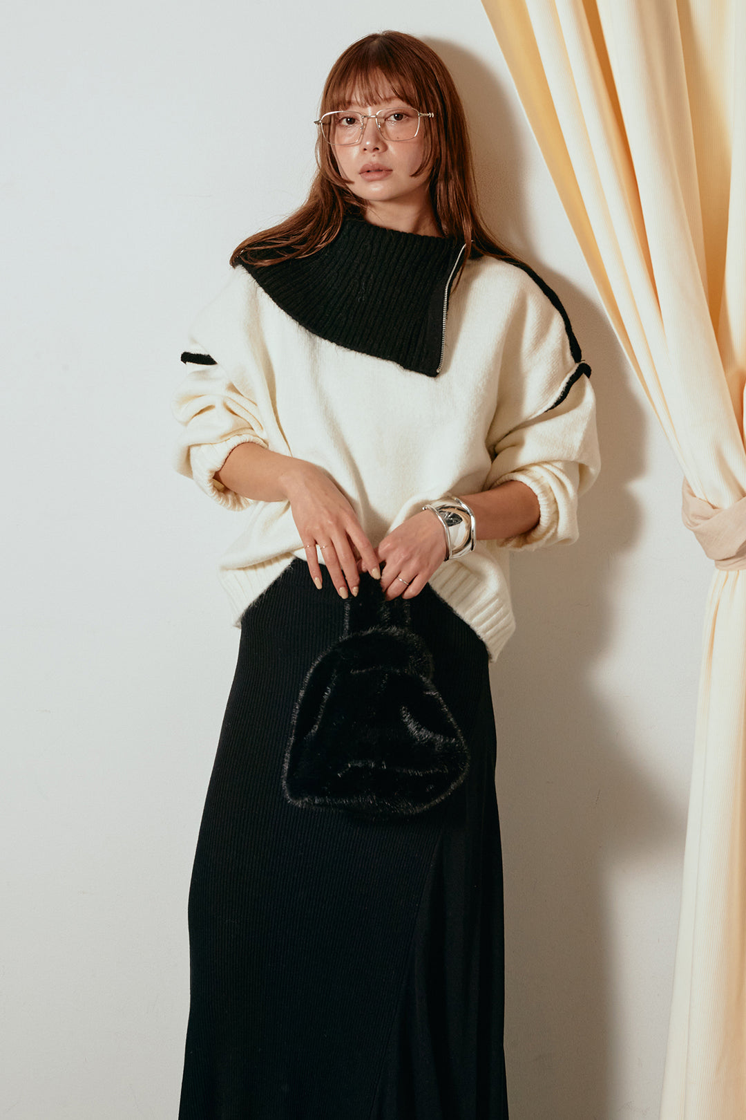 [SET]ハイネックジップデザインニットトップス+サイド切り替えリブニットロングスカート(2set)