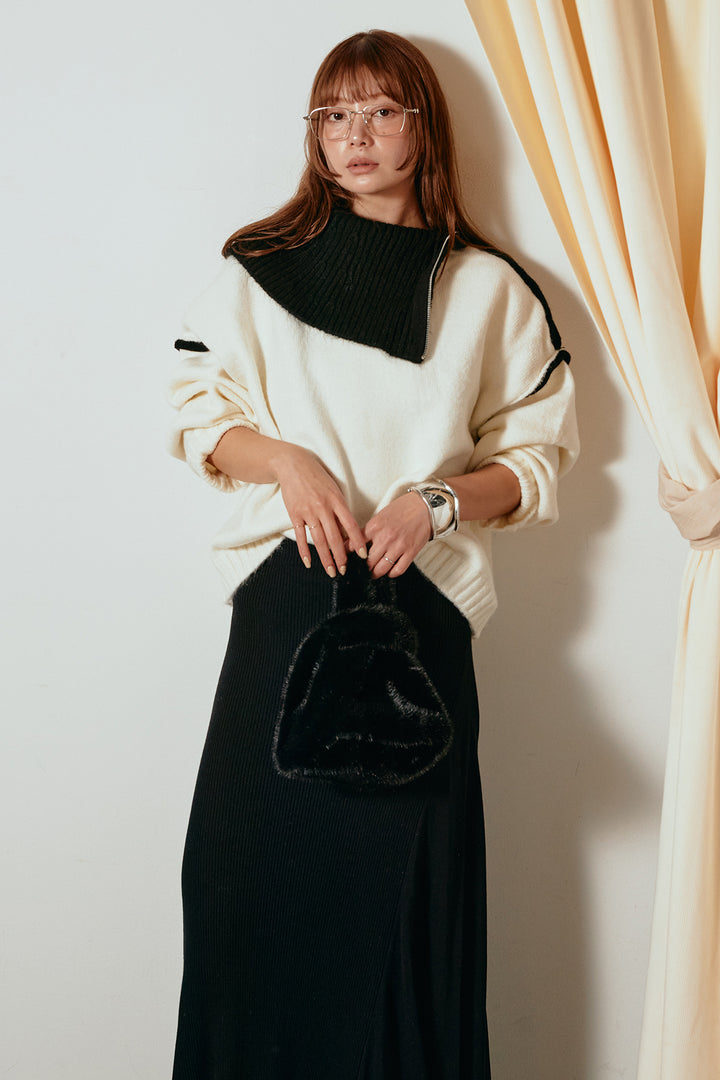 [SET]ハイネックジップデザインニットトップス+サイド切り替えリブニットロングスカート(2set)