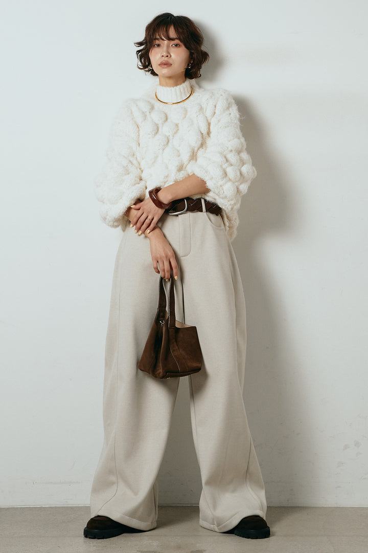[SET]ボリュームポップコーンニットトップス+編みベルト付きワイドパンツ(2set)