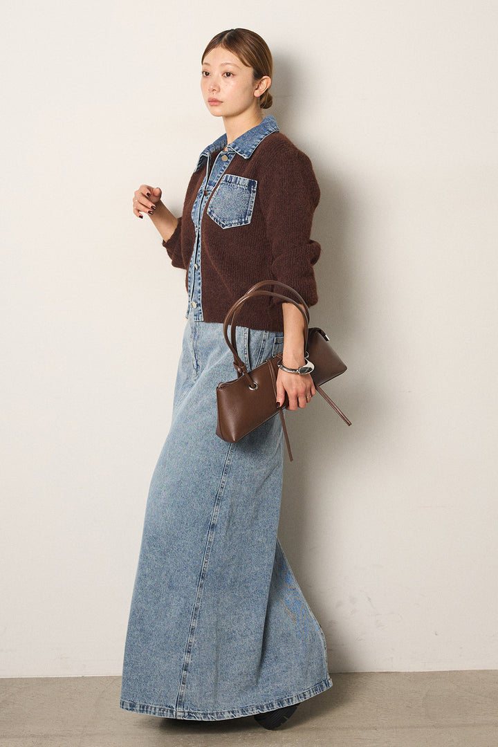 [SET]襟付きデニム切替ニットカーディガン+デニムロングフレアスカート(2set)