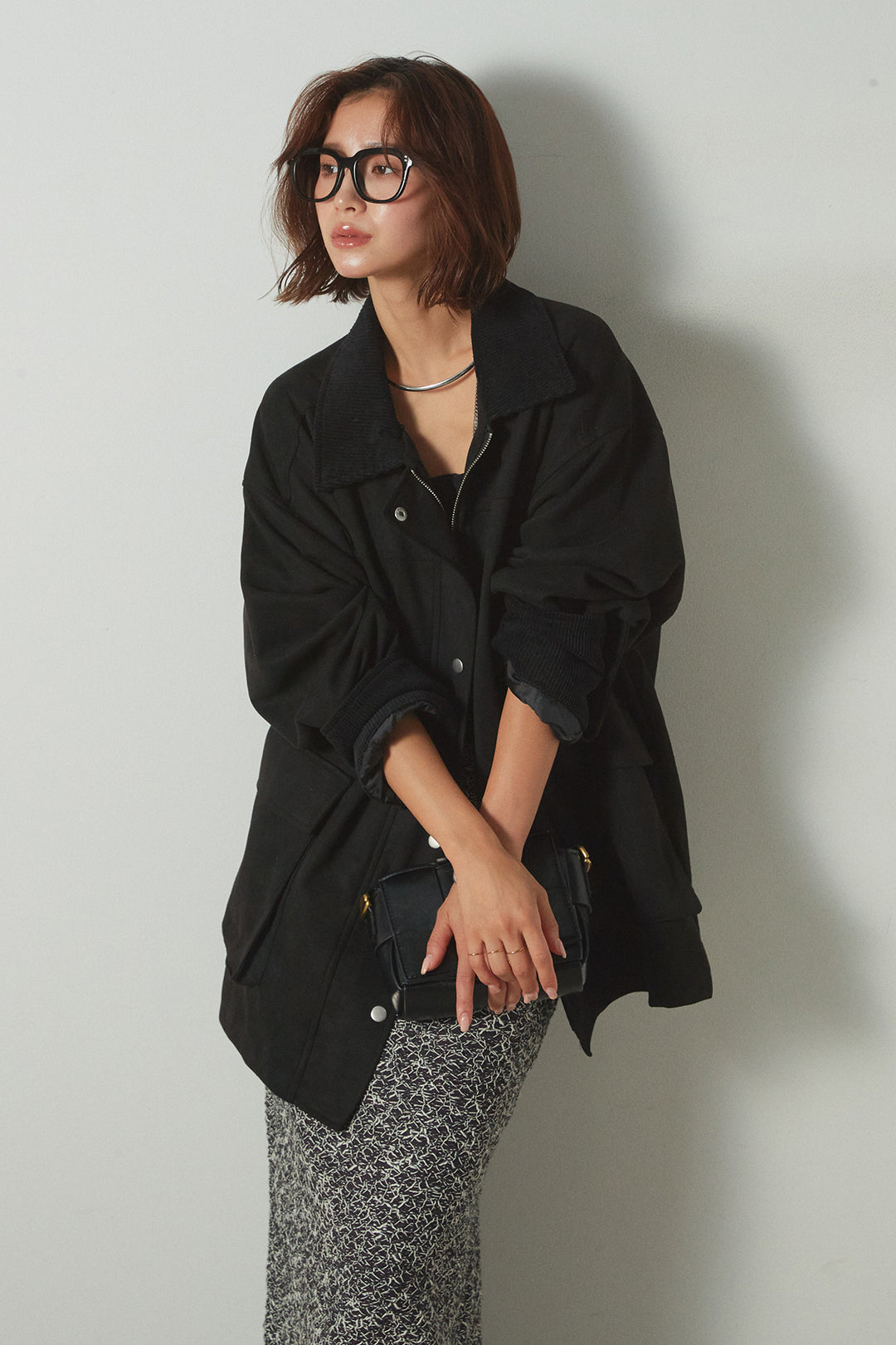 [SET]襟コーデュロイフェイクスエードジャケット+ミックスニットワイドスカート(2set)