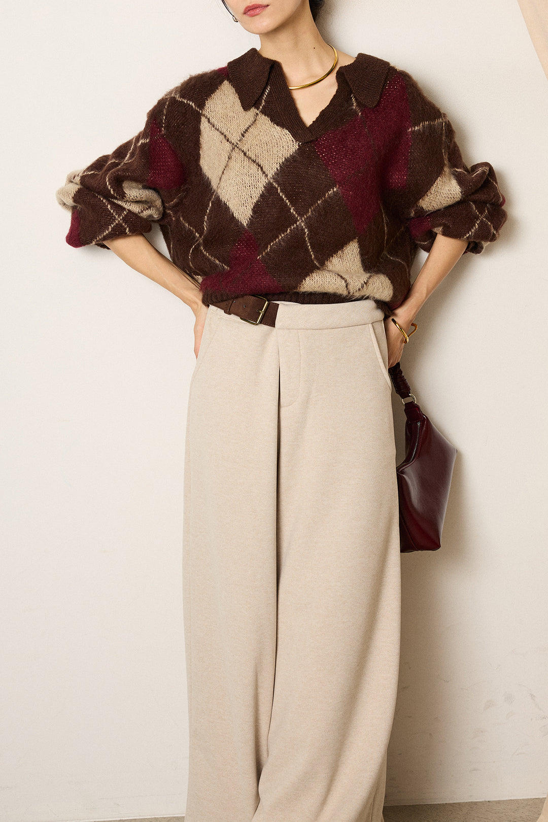 [SET]アクリルモヘアアーガイルキーネックプルオーバー+サイドベルトパンツ(2set)