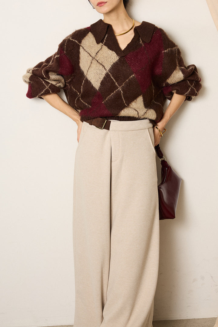 [SET]アクリルモヘアアーガイルキーネックプルオーバー+サイドベルトパンツ(2set)