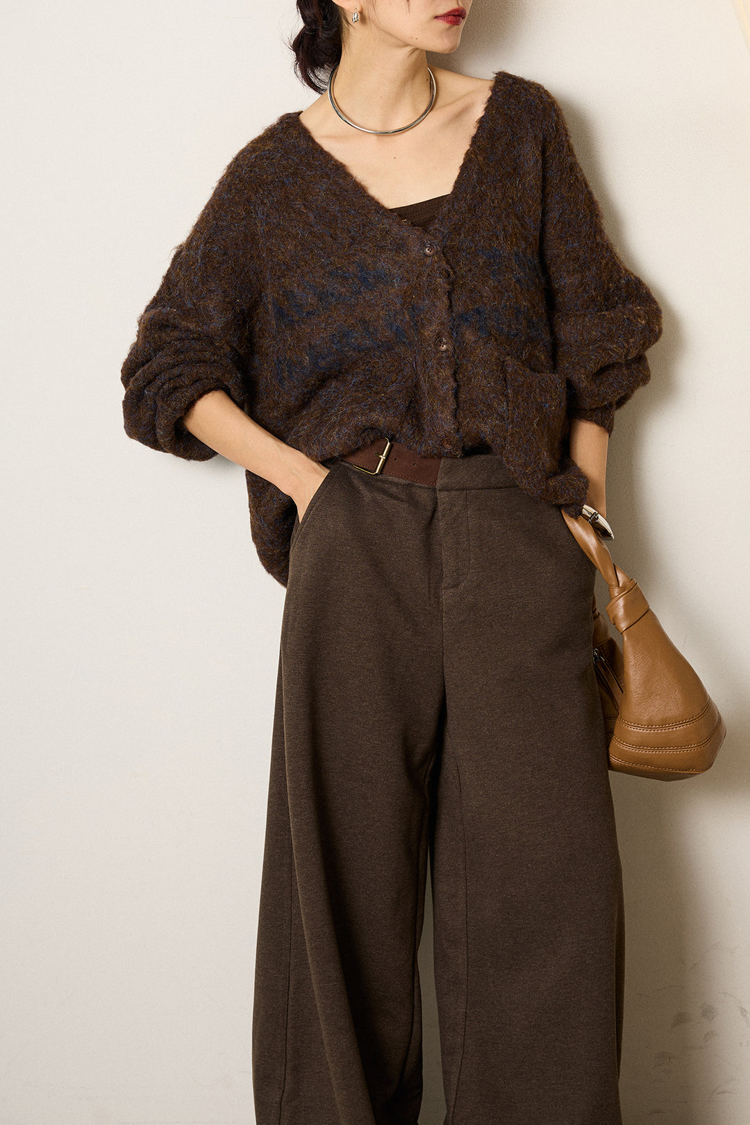 [SET]ウール混透かしロゴニットカーディガン+サイドベルトパンツ(2set)