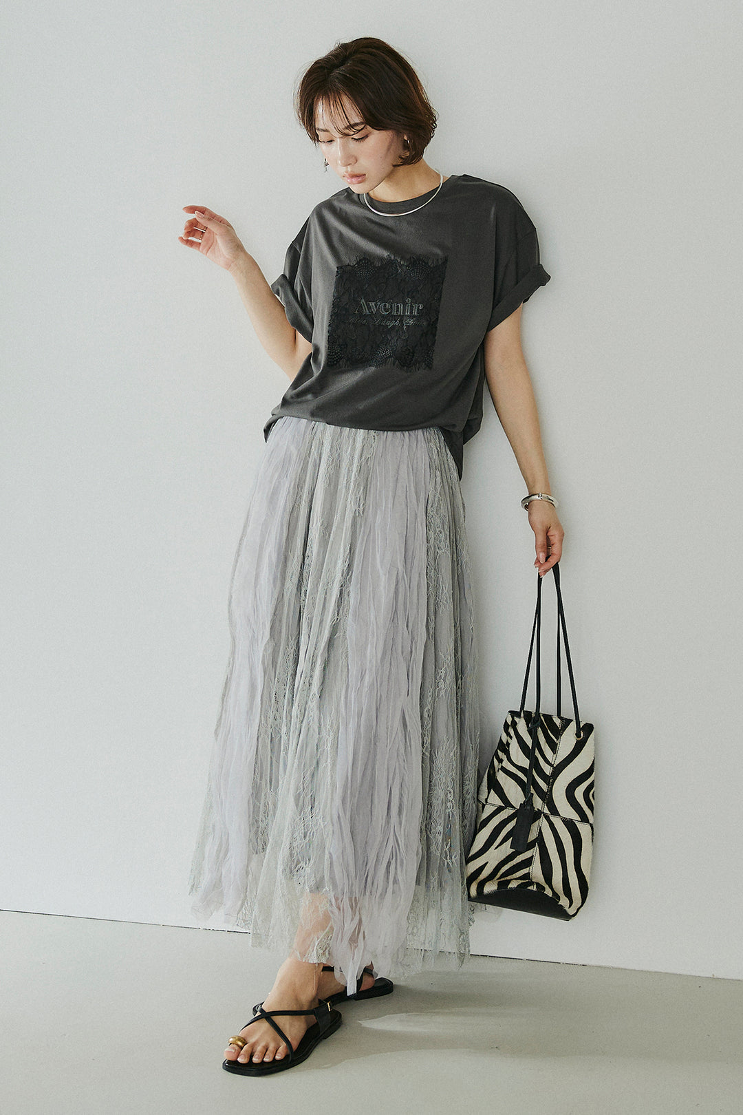 [SET]レースロゴ刺繍Tシャツ+レースコンビワッシャーギャザースカート(2set)