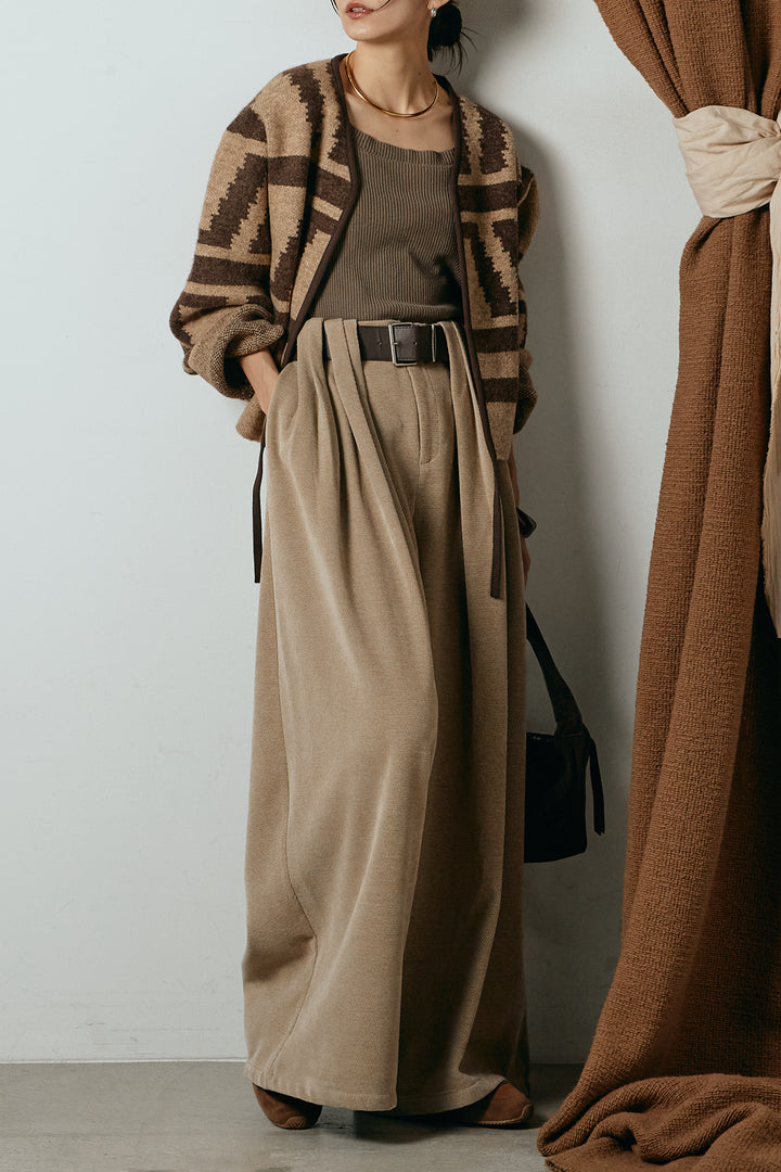 [SET]ノーカラー幾何学模様アウター+ベルトループコーデュロイワイドパンツ(2set)