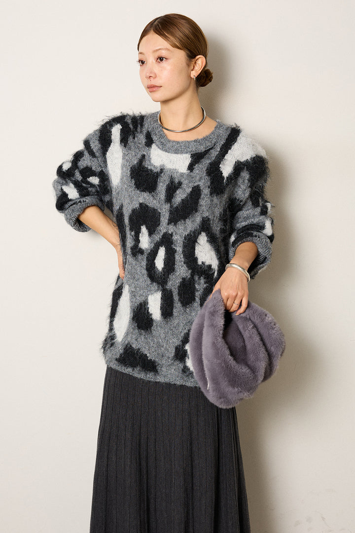 [SET]ルーズアニマルモヘアニットトップス+編み地切り替えフレアニットスカート(2set)