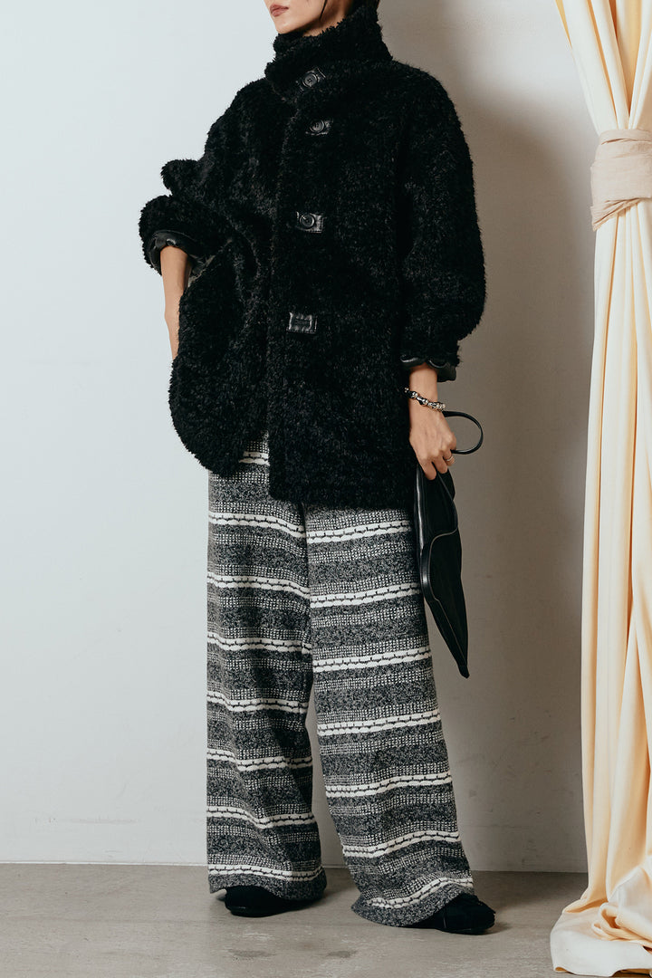 [SET]リバーシブルボアアウター+マルチライン柄リラックスニットパンツ(2set)